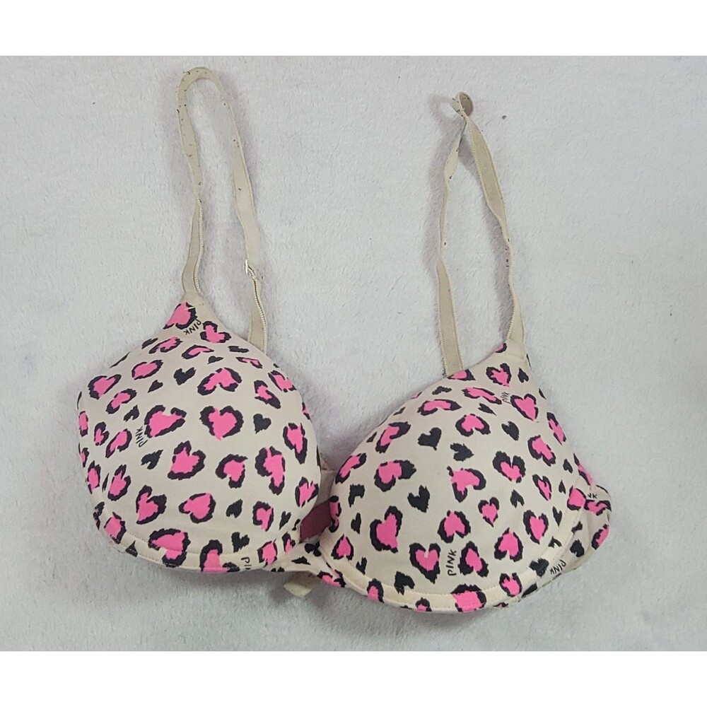 Victoria's Secret PINK Black Leopard Heart Push Up Bra 34C Y2K Style Valentine